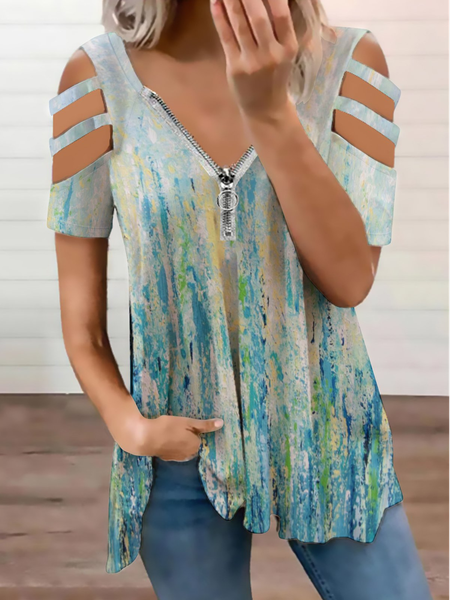 Casual Abstract Gradient Printed Short Sleeve Top, As picture, Blouses