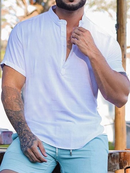 

Men's Plain Cotton Linen Loose Short Sleeve Shirt, White, T-shirt