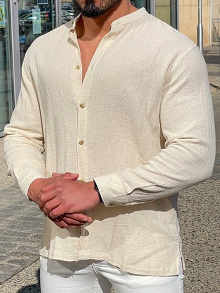 

Men's Plain Comfortable Cotton Linen Loose Long Sleeve Shirt, Apricot, Shirts ＆ Blouse