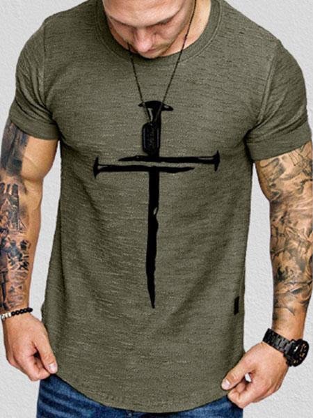 

Men's Casual Cross Print Short Sleeve T-Shirt, Army green, T-shirt