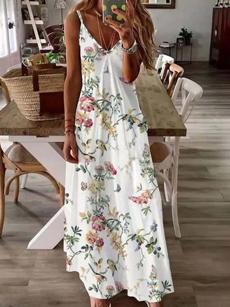 

Boho Floral Spaghetti Knit Dress, White, Maxi Dresses