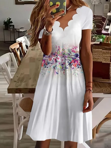 

Vacation Floral V Neck Regular Fit Short Sleeve Knit Dress, White, Mini Dresses