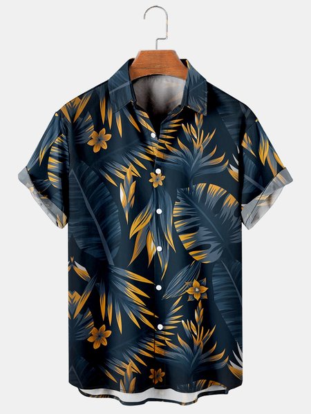 

Mens Hawaiian Leaves Print Lapel Loose Chest Pockets Short Sleeve Funky Aloha Shirt, As picture, Shirts ＆ Blouse