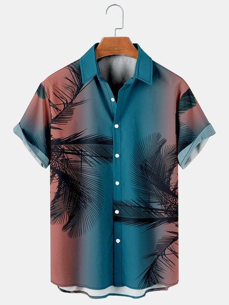 

Mens Hawaiian Leaves Print Lapel Loose Chest Pockets Short Sleeve Funky Aloha Shirts, As picture, Men's Floral shirt