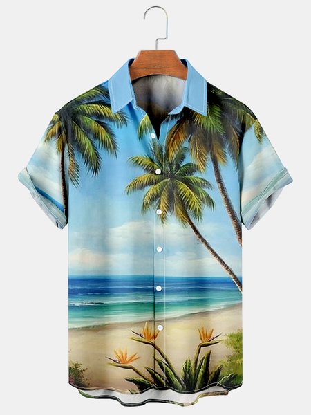 

Men's Marine Botanical Print Hawaiian Short Sleeve Shirt, As picture, Men's Floral shirt