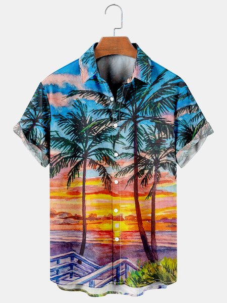 

Mens Hawaiian Leaves Print Lapel Loose Chest Pockets Short Sleeve Funky Aloha Shirts, As picture, Men's Floral shirt