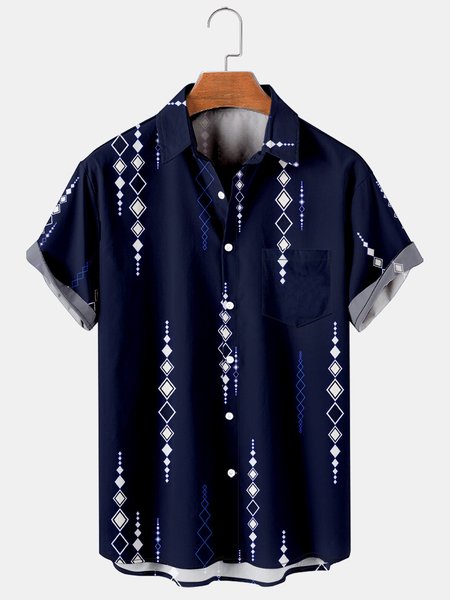 

Men's Geometric Printed Casual Short Sleeve Hawaiian Shirt with Chest Pocket, Purplish blue, Men's Floral shirt