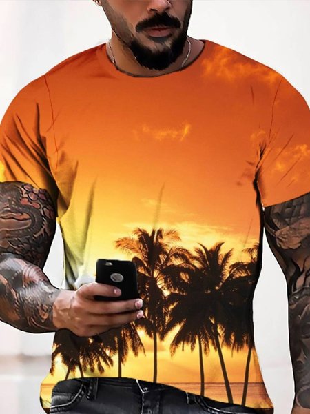 

Men's Casual Loose Print Palm Tree Red Sky Short Sleeve T-Shirt, Orange, T-Shirts