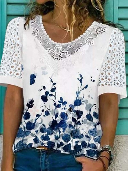 

Floral Lace Crew Neck Short Sleeve Casual T-Shirt, White, T-Shirts