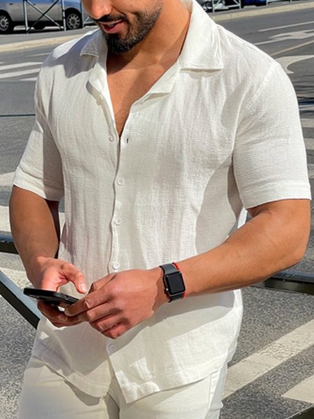 

Men's Plain Cotton Linen Loose Short Sleeve Shirt, White, Shirts ＆ Blouse