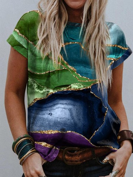 

Vacation Abstract Round Neck Short Sleeve T-Shirt, Multicolor, T-Shirts