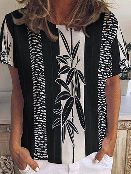 

Crew Neck Geometric Short Sleeve Tops, Multicolor, T-Shirts