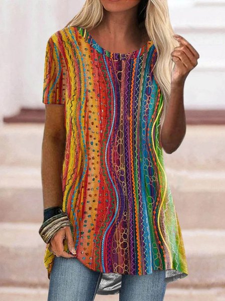 

JFN Round Neck Colorful StripesCasual Tunic Tops, Multicolor, T-Shirts