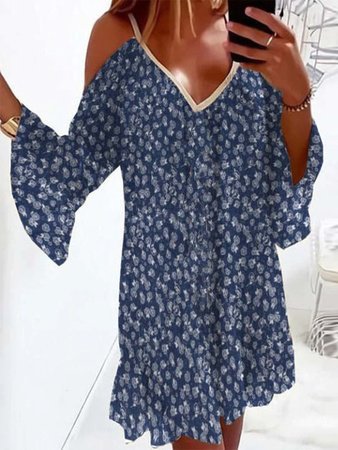 

Vacation Loosen Floral Long Sleeve Woven Dress, Blue, Dresses