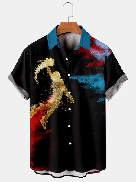 

Men's Basketball Event Printed Casual Breathable Short Sleeve Shirt, Black, Men's Floral shirt