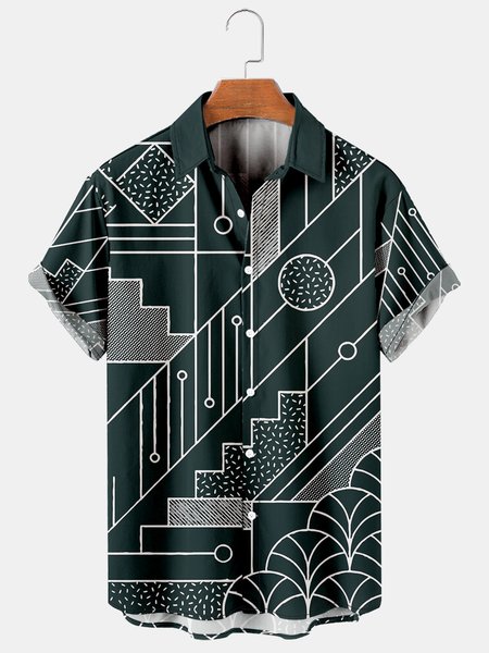 

Men's Line Print Casual Fabric Fashion Hawaiian Lapel Short Sleeve Shirt, Green, Men's Floral shirt