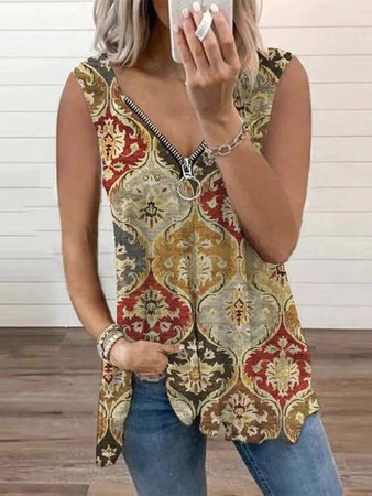 

V Neck Casual Tribal Knit Tank, Multicolor, Tanks & Camis