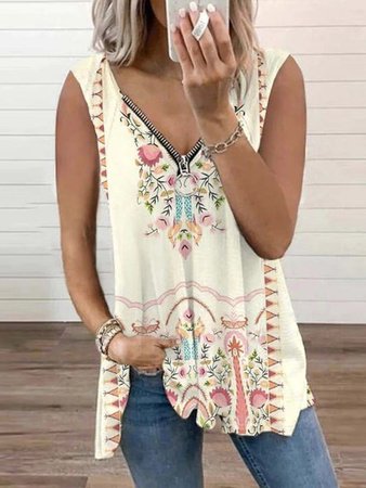 

Vacation Tribal V Neck Short Sleeve Tops, Multicolor, Tanks & Camis