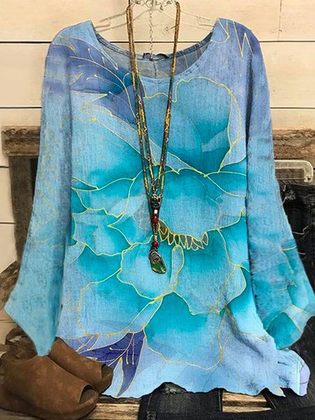 

Casual Floral Long Sleeve T-Shirt, Blue, Tops