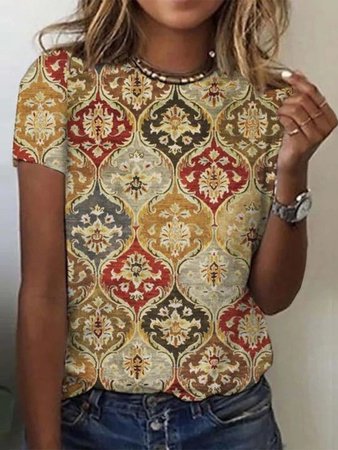 

Tribal Casual Crew Neck Short Sleeve T-Shirt, Multicolor, T-Shirts