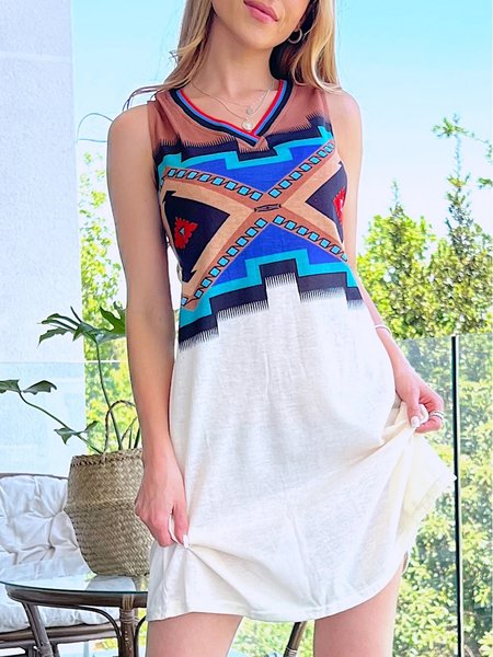 

A-line Crew Neck Tribal Casual Cotton Blends Sleeveless Knitting Dresses, White, Mini Dresses