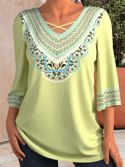 

Regular Fit Vacation Boho Tribal Mid Sleeve Blouse, Green, Tunics