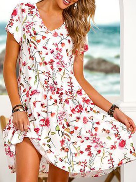 

Vacation Floral Loosen V Neck M i滴Short Sleeve Knit Dress, Flower, Mini Dresses