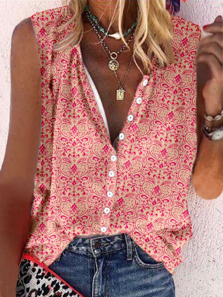 

Tribal V Neck Sleeveless Plus Size Casual Shirts, Rose red, Blouses & Shirts
