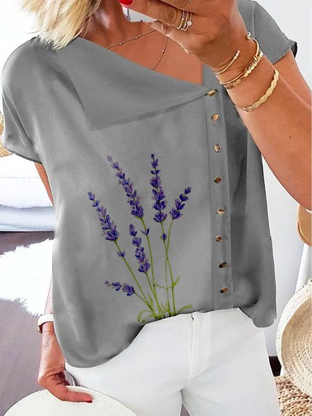 

Casual Loosen Floral Short Sleeve Tops, Gray, Tops