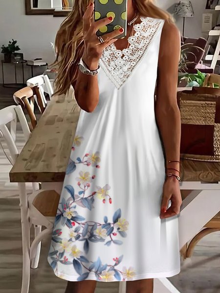 

Vacation Floral Printed Casual Loosen V Neck Sleeveless Knitting Dresses, White, Mini Dresses