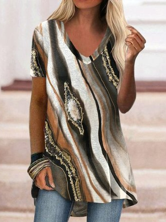 

V Neck Vacation Ombre Short Sleeve T-Shirt, Multicolor, T-Shirts