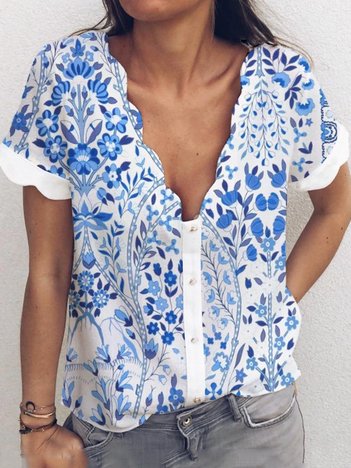 

Loosen Floral Casual Short Sleeve Blouse, Blue, Blouses & Shirts