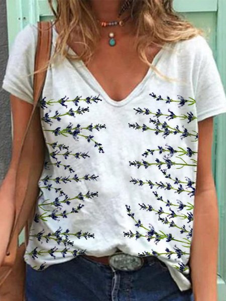 

V Neck Casual Short Sleeve T-Shirt, White, T-Shirts