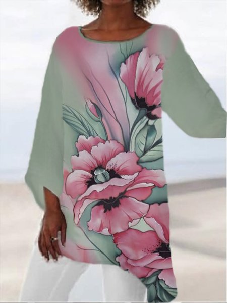 

Crew Neck Loosen Vacation Mid Sleeve Blouse, Multicolor, Shirts & Blouses