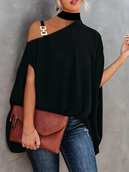 

Plain Short Sleeve Metal Button Halter Plus Size Casual Tops, Black, Tops