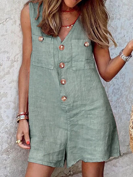 

V Neck Plain Boho Jumpsuit & Romper, Green, Jumpsuits＆Rompers