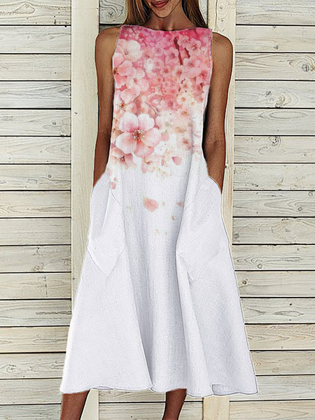 

Plus size Casual Sleeveless Floral Dress, Pink, Midi Dresses