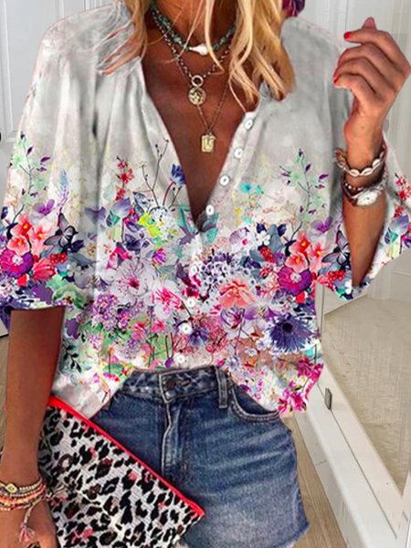 

casual floral print long-sleeve shirt, Multicolor, Shirts & Blouses