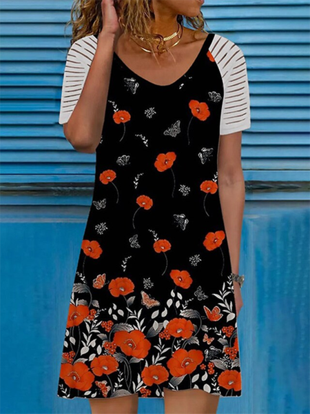 

Floral Casual Crew Neck Short Sleeve Knit Dress, Black, Mini Dresses