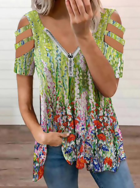 

Casual Ombre Floral Print V-Neck Short Sleeve Top, As picture, Blouses