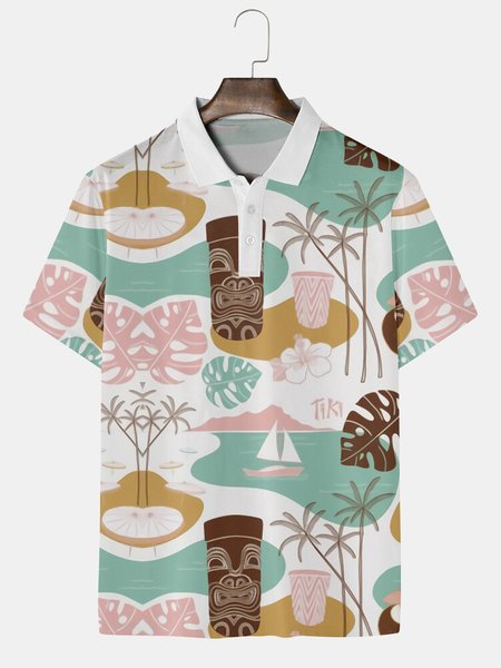 

Resort Style Hawaiian Series Coconut Tree Floral Elements Lapel Short-Sleeved Polo Print Top, White, Men's t-shirts