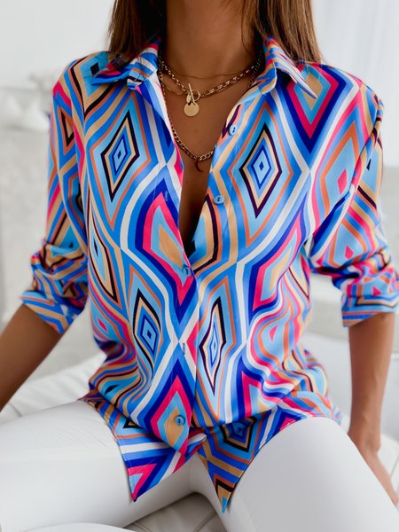 

Daily Long Sleeve Shirt Collar Geometric Blouse, Blue, Blouses and Shirts