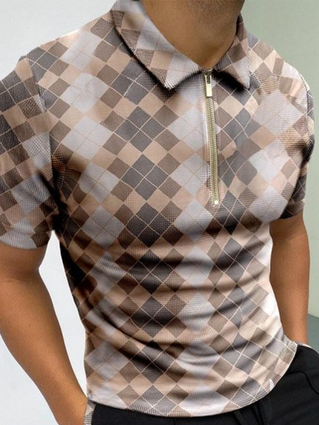 

Casual Art Collection Striped Geometric Color Block Lapel Short Sleeve Polo Print Top, Brown, Men's t-shirts