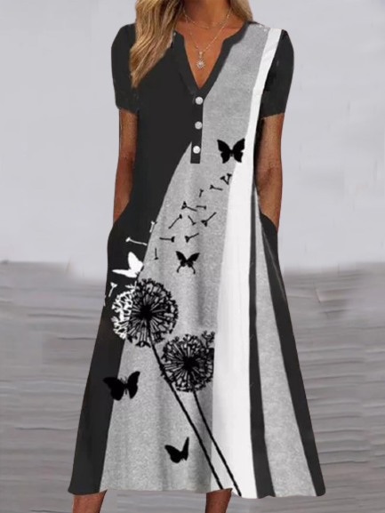 

V Neck Butterfly Vintage Short Sleeve Knit Dress, Black, Midi Dresses