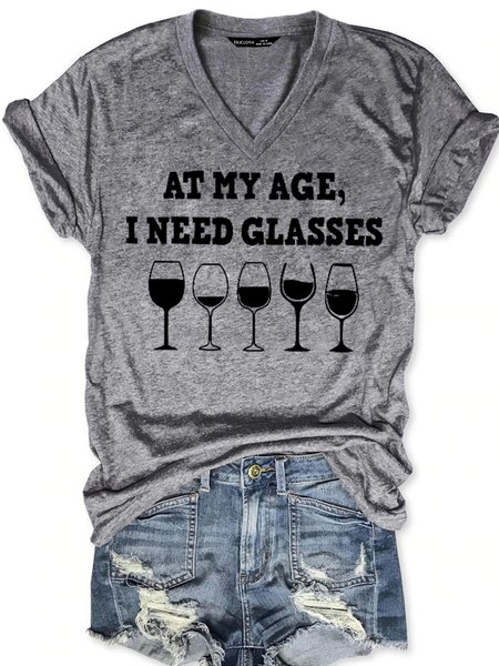 

At My Age I Need Glasses Funny Letter Casual Short Sleeve T-Shirt, Gray, T-shirts