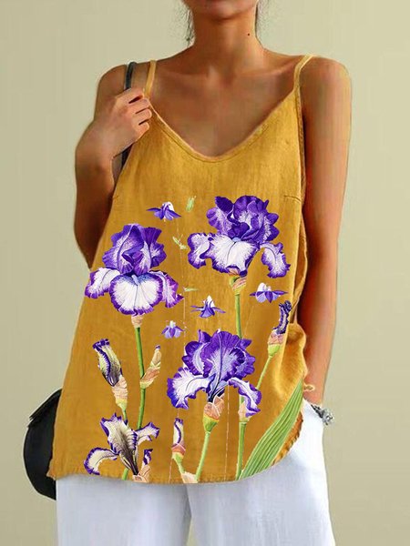 Loosen V Neck Floral Short Sleeve Tops, Yellow, Tanks & Camis