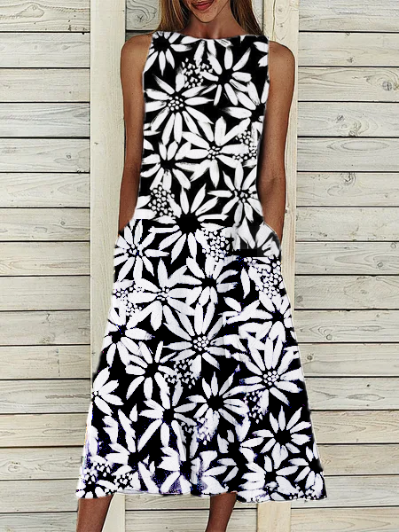 

Floral Casual Sleeveless Woven Dresses, Black-white, Midi Dresses