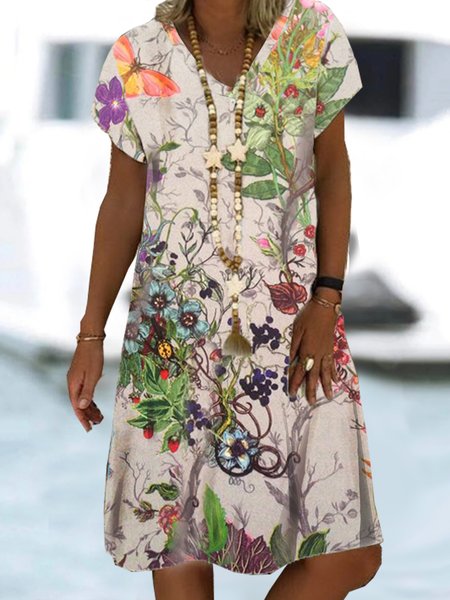 

Vacation Floral Butterfly Loosen V Neck Midi Short Sleeve Knit Dress, Flower, Mini Dresses