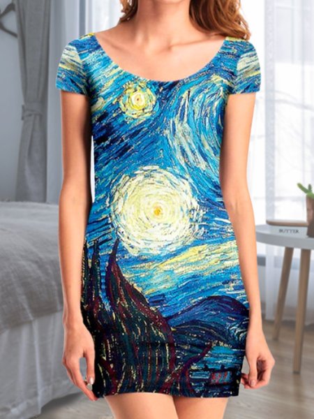 

Casual Famous Paintings Collection Van Gogh Art Print Short Sleeve Knit Dress, Multicolor, Dresses