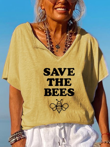 

Save The Bees Print Lapel Short Sleeve T-Shirt, Yellow, T-shirts